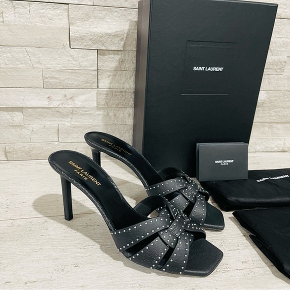 Saint Laurent Tribute Crackle Effect w/Studs Black Leather Stiletto Sandals Sz41 - Picture 1 of 16